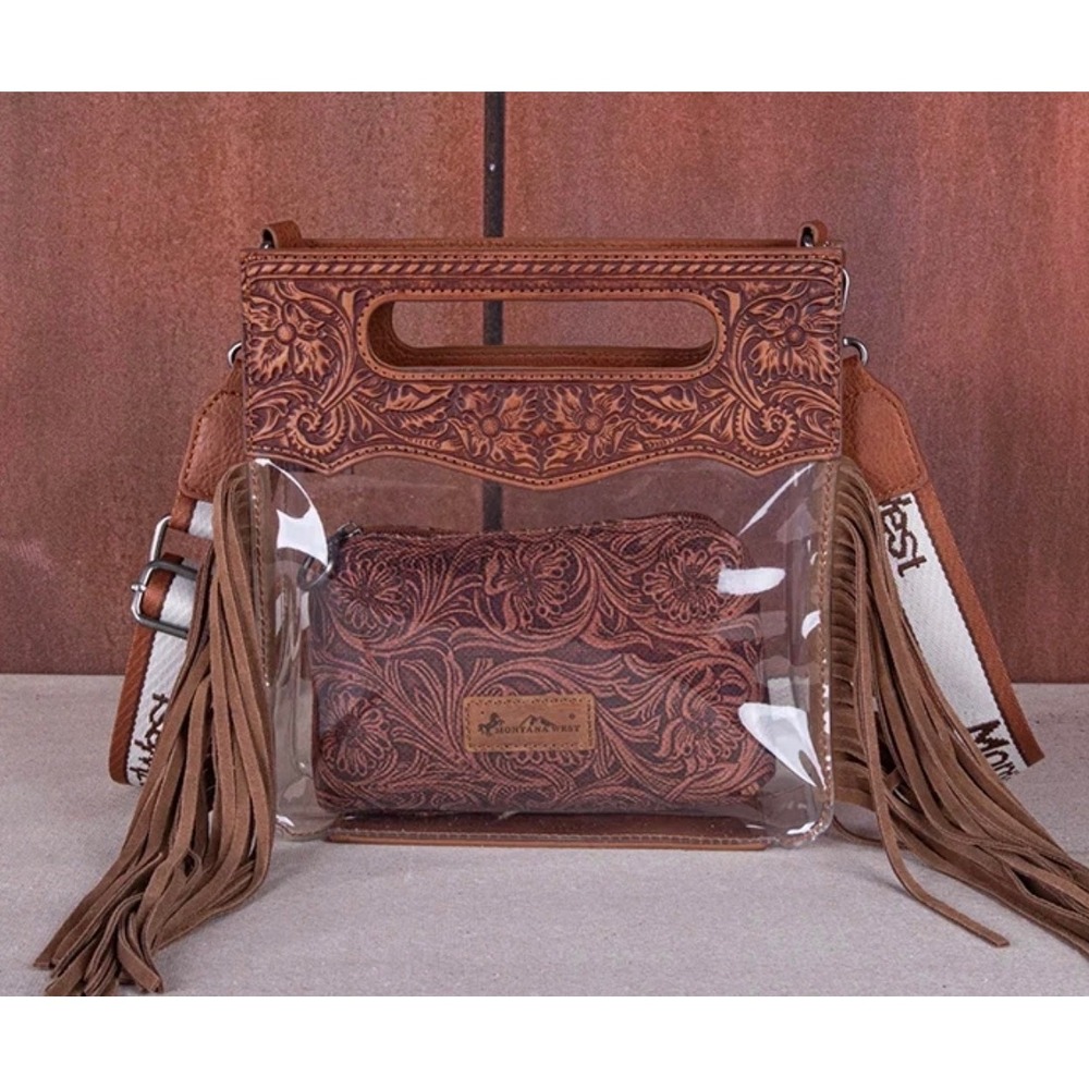 Montana West Clear Crossbody Bag Womens Brown NWT Tooled Fringe MW1251-199CF